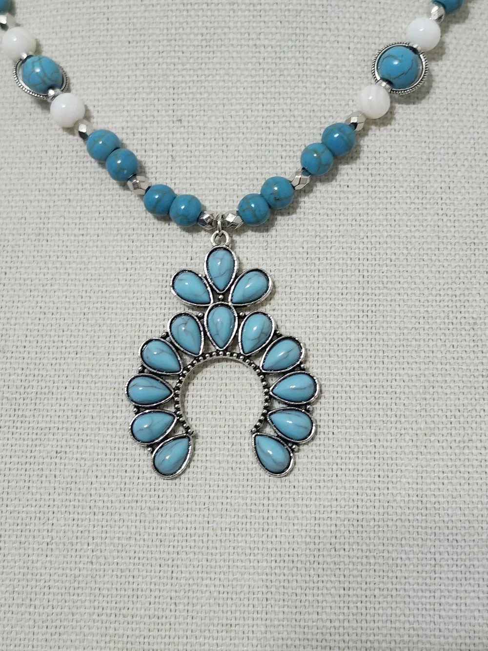 Blue Stone Bead Necklace & Earring Set Floral Shell Statememt Handmade New